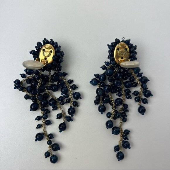 Women’s Oscar De La Renta,Azure Beaded Cascade ClipOn Earrings-4”.NavyBlue/Gold. - Picture 8 of 13